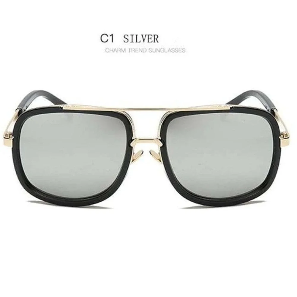 Trendy Men‎ Sunglasses Gold Black Frame Mirror Lens Retro Square Oversized Male